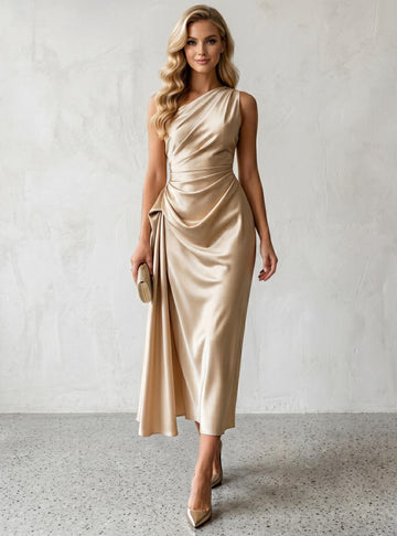 Sheath/Column Cocktail Dress Silk Satin Tea-Length One-Shoulder Elegant Sleeveless Formal Party Ruched Dress