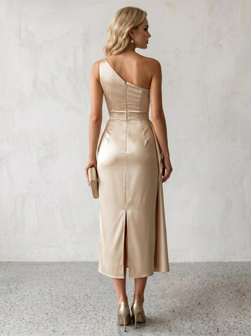 Sheath/Column Cocktail Dress Silk Satin Tea-Length One-Shoulder Elegant Sleeveless Formal Party Ruched Dress