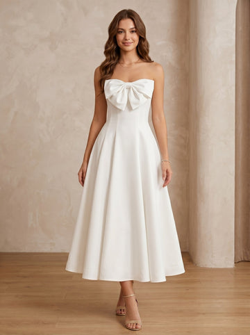 A-Line Cocktail Dress Satin Tea-Length Strapless Satin Cocktail Dresses Sleeveless Bowknot Formal Dresses