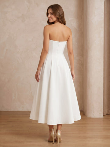 A-Line Cocktail Dress Satin Tea-Length Strapless Satin Cocktail Dresses Sleeveless Bowknot Formal Dresses