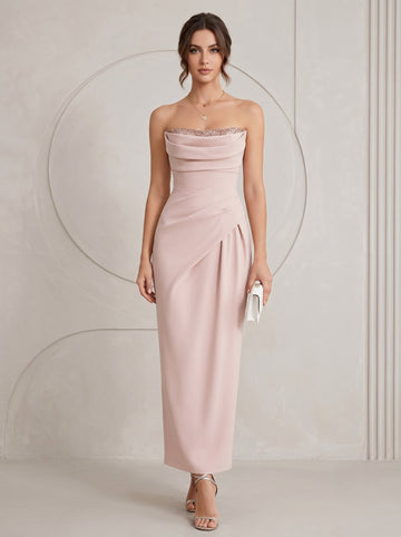 Sheath/Column Cocktail Dresses Strapless Stretch Satin Formal Pink Ankle-Length Sequins Sleeveless Ruched Dresses