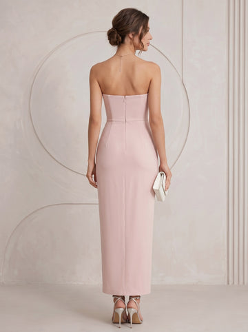 Sheath/Column Cocktail Dresses Strapless Stretch Satin Formal Pink Ankle-Length Sequins Sleeveless Ruched Dresses