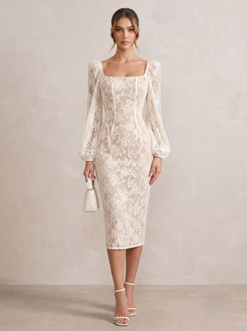 Sheath/Column Cocktail Dresses Square Collar Lace Sexy Elegant Tea-Length Long Sleeves Formal Dresses