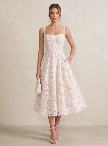 A-Line Cocktail Dresses Square Collar Lace Sexy Elegant Tea-Length Sleeveless Basque Waist Formal Dresses