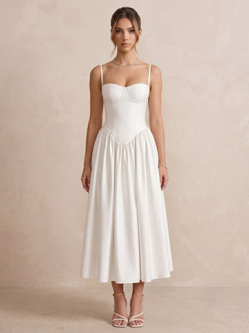 A-Line Cocktail Dresses Square Collar Satin Elegant Tea-Length Sleeveless Pleated White Summer Formal Dresses