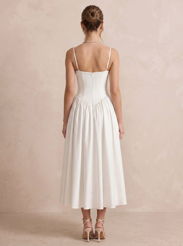 A-Line Cocktail Dresses Square Collar Satin Elegant Tea-Length Sleeveless Pleated White Summer Formal Dresses