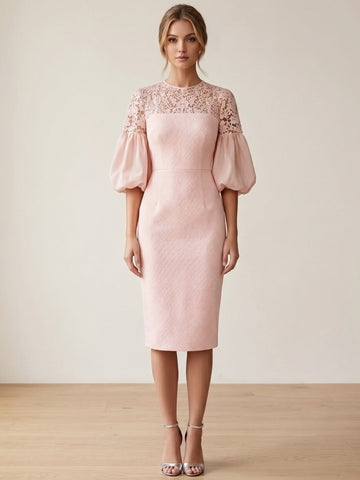 Sheath/Column Cocktail Dresses Crew Collar Lace Pink Elegant Tea-Length Formal Balloon Sleeve Dresses
