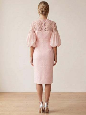 Sheath/Column Cocktail Dresses Crew Collar Lace Pink Elegant Tea-Length Formal Balloon Sleeve Dresses