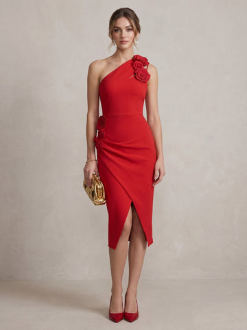 Sheath/Column Cocktail Dresses One-Shoulder Stretch Satin 3D Floral Appliques Sleeveless Dresses