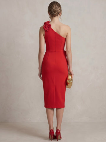 Sheath/Column Cocktail Dresses One-Shoulder Stretch Satin 3D Floral Appliques Sleeveless Dresses