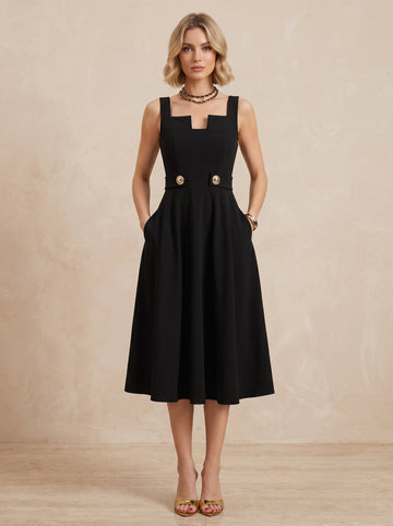 A-Line/Princess Cocktail Dresses Square Collar Stretch Satin Sleeveless Black Buckle Notched Dresses