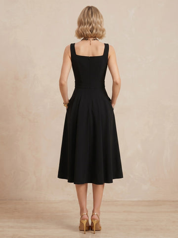 A-Line/Princess Cocktail Dresses Square Collar Stretch Satin Sleeveless Black Buckle Notched Dresses