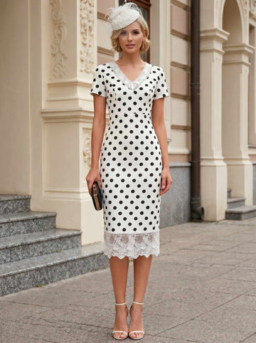 Sheath/Column V-Neck Short Sleeves White Polka Dots Polyester Midi Cocktail Dresses
