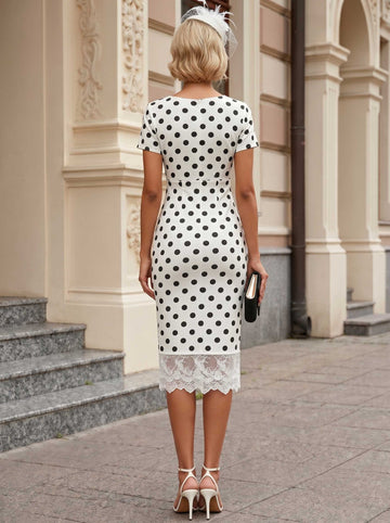 Sheath/Column V-Neck Short Sleeves White Polka Dots Polyester Midi Cocktail Dresses