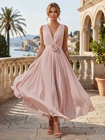 A-Line/Princess V-Neck Sleeveless Light Pink Ruched Chiffon Ankle-Length Cocktail Dresses