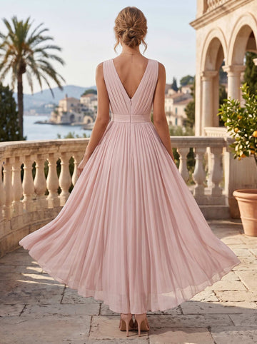 A-Line/Princess V-Neck Sleeveless Light Pink Ruched Chiffon Ankle-Length Cocktail Dresses