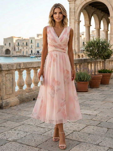 A-Line/Princess V-Neck Sleeveless Light Pink Floral Ruched Chiffon Tea-Length Cocktail Dresses