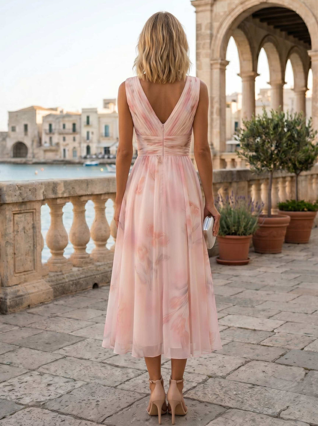 A-Line/Princess V-Neck Sleeveless Light Pink Floral Ruched Chiffon Tea-Length Cocktail Dresses