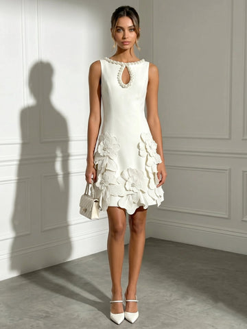 A-Line/Princess Boat Neck Sleeveless White 3D Floral Pearl Mini Cocktail Dresses
