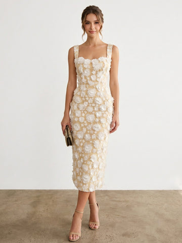 Sheath/Column Square Collar Sleeveless White 3D Floral Polyester Tea-Length Cocktail Dresses