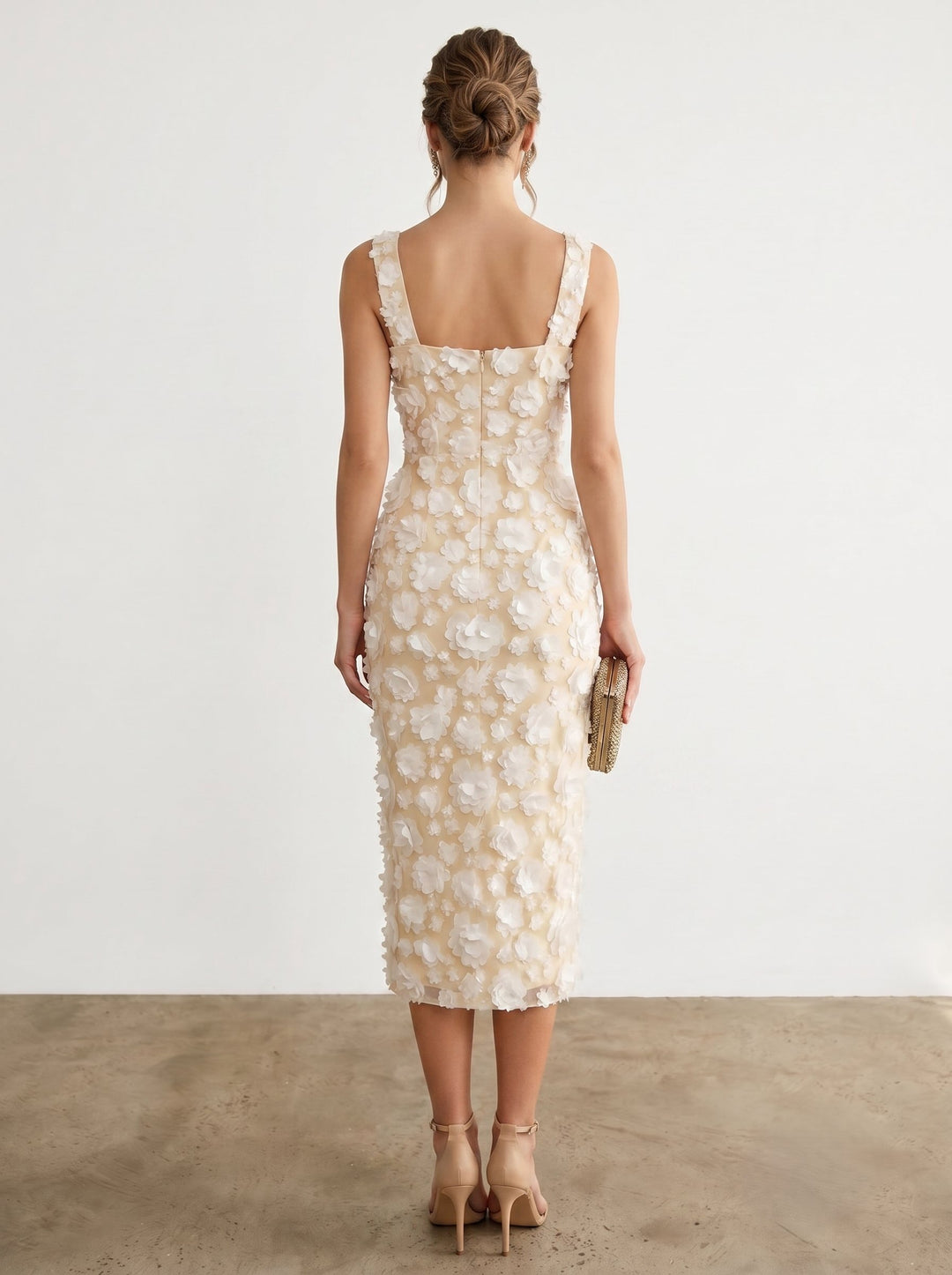 Sheath/Column Square Collar Sleeveless White 3D Floral Polyester Tea-Length Cocktail Dresses