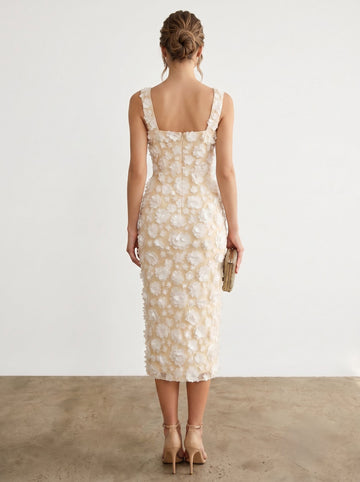 Sheath/Column Square Collar Sleeveless White 3D Floral Polyester Tea-Length Cocktail Dresses