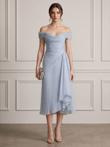 A-Line/Princess Off-the-Shoulder Sleeveless Ruched Lace Chiffon Tea-Length Cocktail Dresses