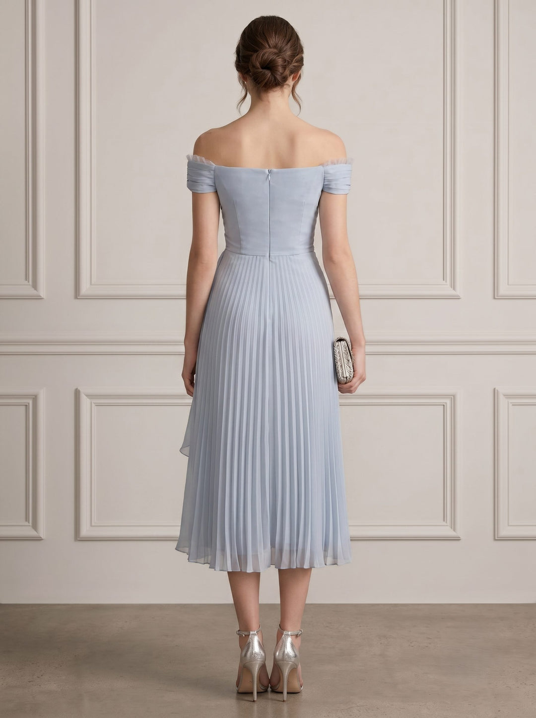 A-Line/Princess Off-the-Shoulder Sleeveless Ruched Lace Chiffon Tea-Length Cocktail Dresses
