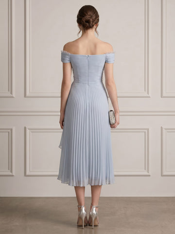 A-Line/Princess Off-the-Shoulder Sleeveless Ruched Lace Chiffon Tea-Length Cocktail Dresses