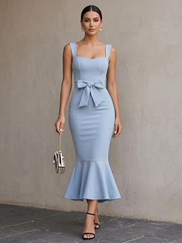 Trumpet/Mermaid Sweetheart Sleeveless Bowknot Stretch Satin Tea-Length Cocktail Dresses