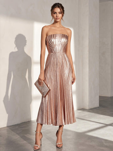 A-Line/Princess Strapless Sleeveless Metallic Satin Tea-Length Cocktail Dresses