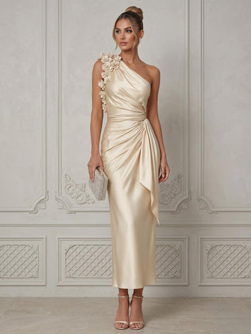 Sheath/Column One-Shoulder Sleeveless Ruched Satin Ankle-Length Cocktail Dresses