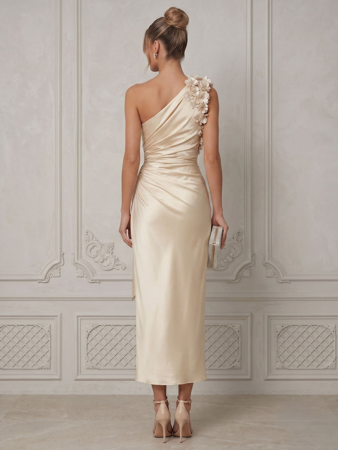 Sheath/Column One-Shoulder Sleeveless Ruched Satin Ankle-Length Cocktail Dresses