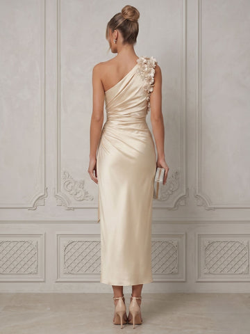 Sheath/Column One-Shoulder Sleeveless Ruched Satin Ankle-Length Cocktail Dresses