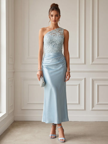 Sheath/Column One-Shoulder Sleeveless Ruched Satin Ankle-Length Cocktail Dresses