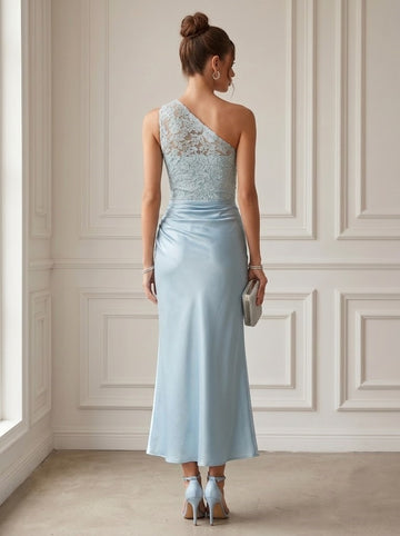 Sheath/Column One-Shoulder Sleeveless Ruched Satin Ankle-Length Cocktail Dresses