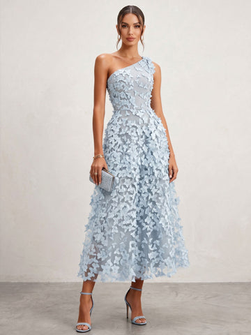 A-Line/Princess One-Shoulder Sleeveless Light Blue 3D Floral Tea-Length Cocktail Dresses