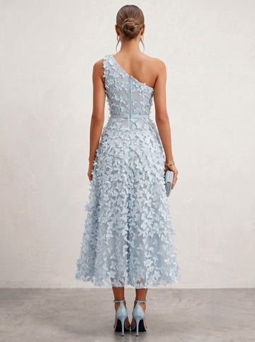 A-Line/Princess One-Shoulder Sleeveless Light Blue 3D Floral Tea-Length Cocktail Dresses