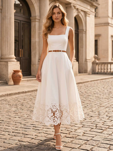 A-Line/Princess Square Collar Sleeveless Lace Stretch Satin Tea-Length Cocktail Dresses