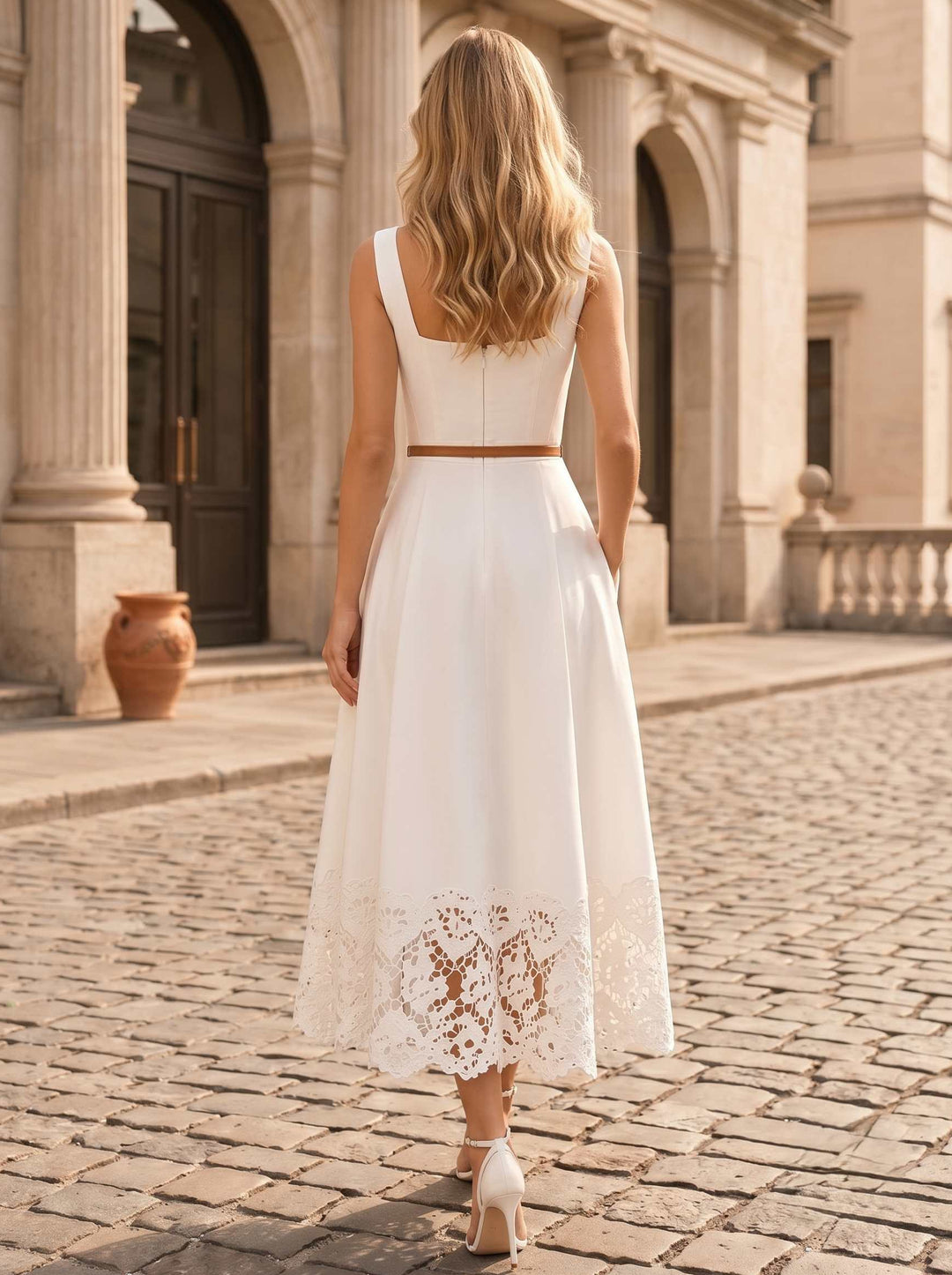 A-Line/Princess Square Collar Sleeveless Lace Stretch Satin Tea-Length Cocktail Dresses