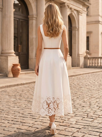 A-Line/Princess Square Collar Sleeveless Lace Stretch Satin Tea-Length Cocktail Dresses