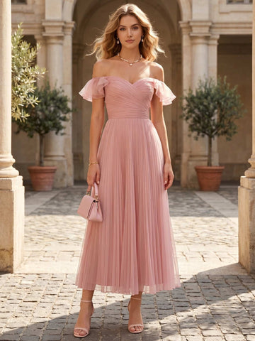 A-Line/Princess Off-the-Shoulder Sleeveless Ruffles Tulle Tea-Length Cocktail Dresses