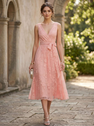 A-Line/Princess V-Neck Sleeveless Bow Tulle Tea-Length Cocktail Dresses