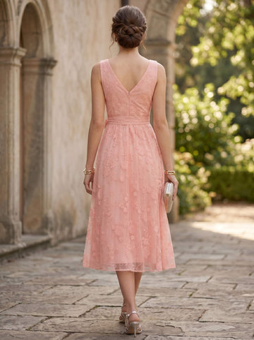 A-Line/Princess V-Neck Sleeveless Bow Tulle Tea-Length Cocktail Dresses