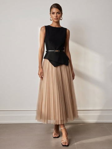 Two-Piece Set Boat Neck Sleeveless Belt Tulle Tea-Length Cocktail Dresses