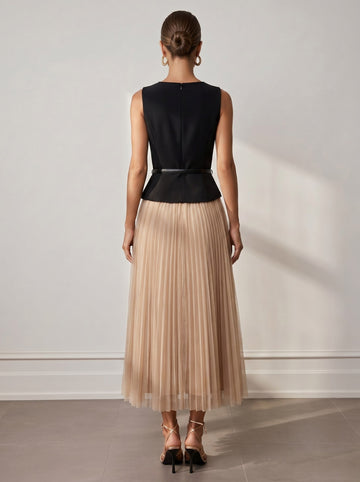 Two-Piece Set Boat Neck Sleeveless Belt Tulle Tea-Length Cocktail Dresses