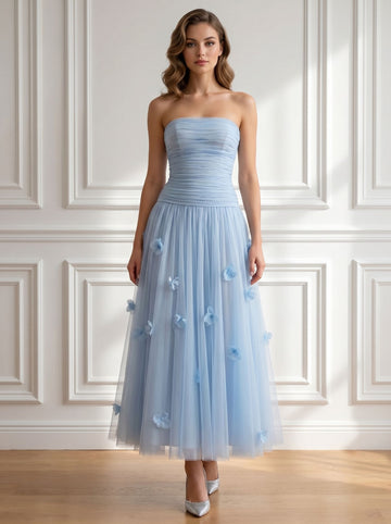 A-Line/Princess Strapless Sleeveless Light Blue 3D Floral Ruched Tulle Floor-Length Cocktail Dresses