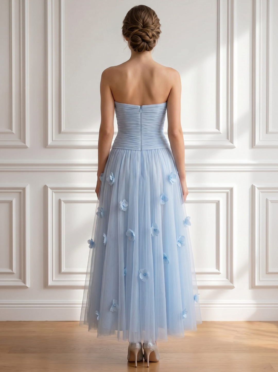 A-Line/Princess Strapless Sleeveless Light Blue 3D Floral Ruched Tulle Floor-Length Cocktail Dresses