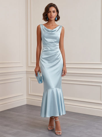 Trumpet/Mermaid Boat Neck Sleeveless Light Blue Ruched Stretch Satin Floor-length Cocktail Dresses