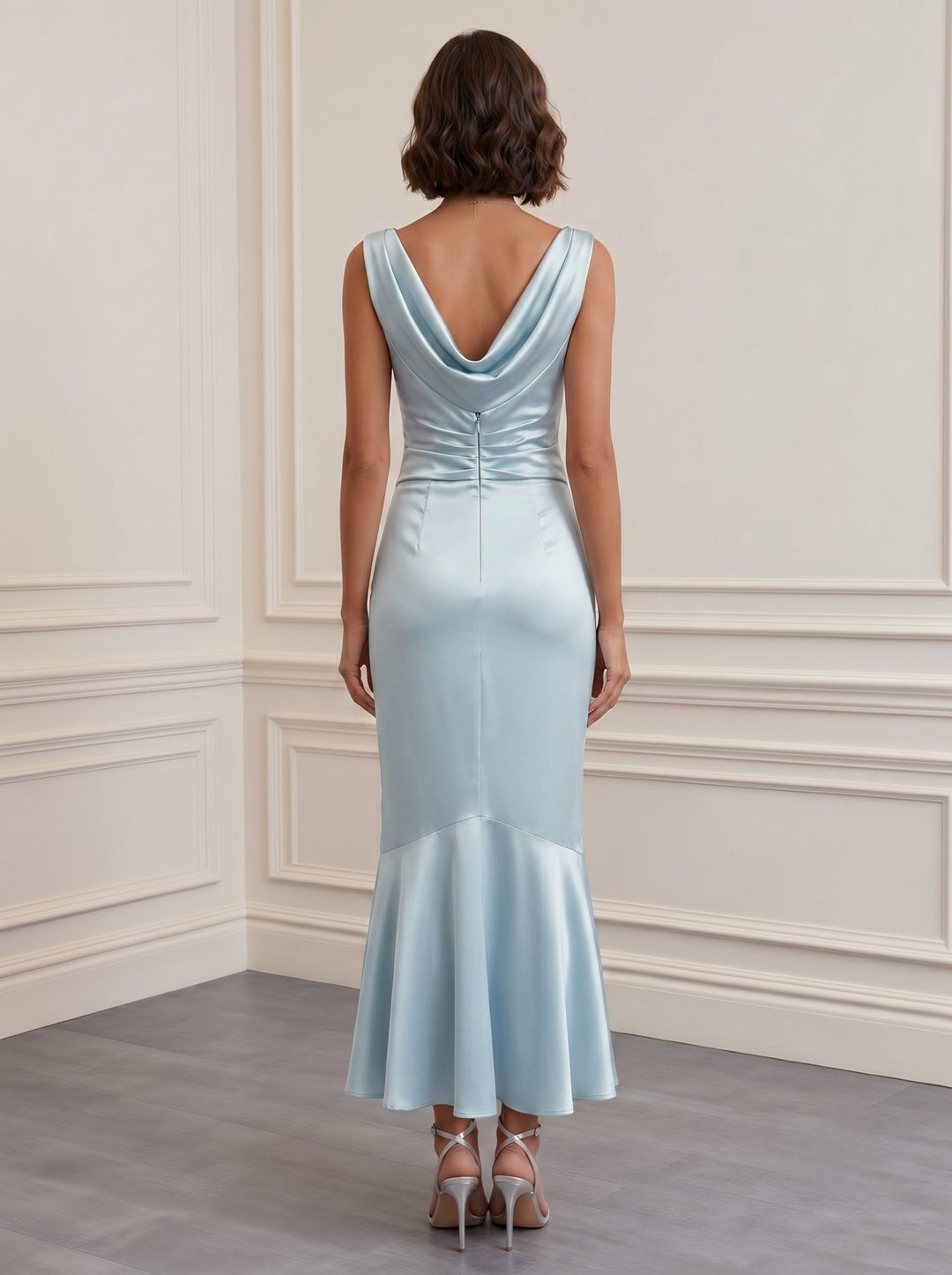 Trumpet/Mermaid Boat Neck Sleeveless Light Blue Ruched Stretch Satin Floor-length Cocktail Dresses